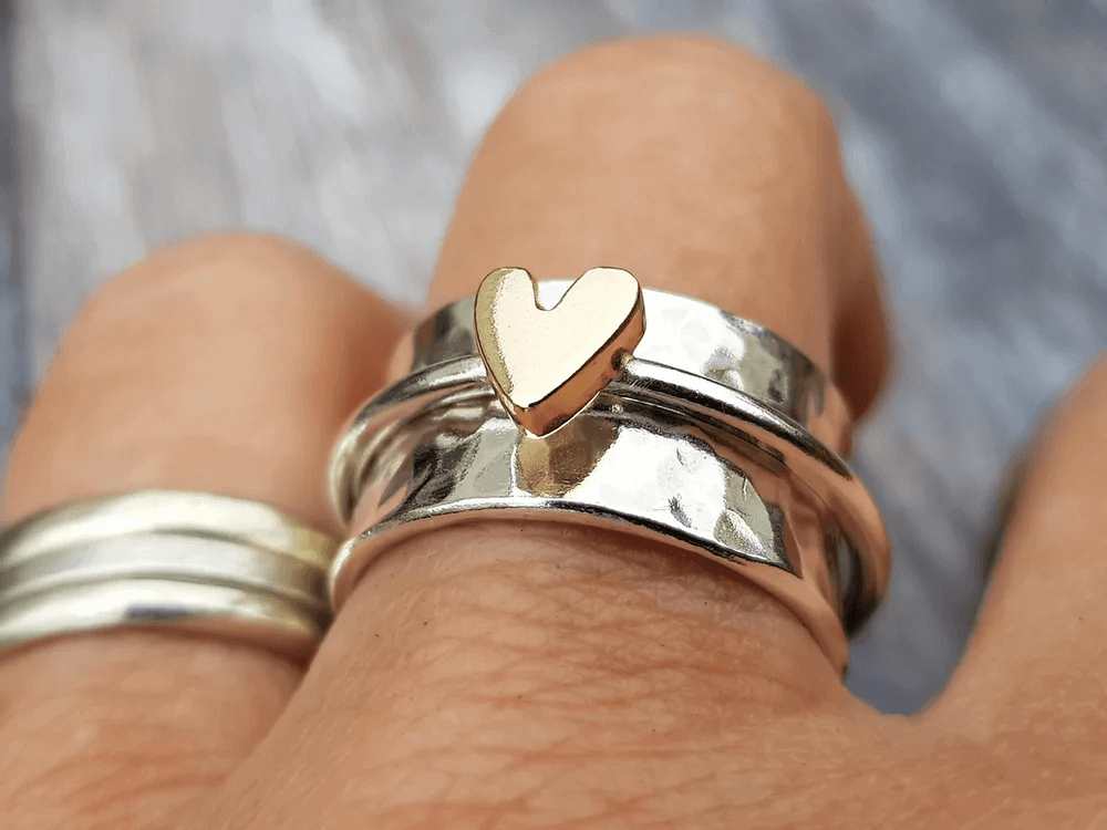 Golden Heart Silver Ring